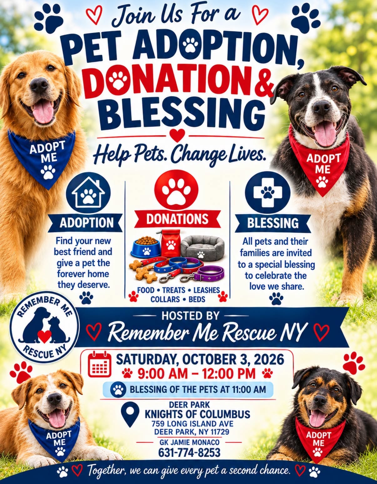 Pet Adoption, Donation & Blessing event flyer — Saturday October 3, 2026, 9 AM to 12 PM at Deer Park Knights of Columbus, hosted by Remember Me Rescue NY.