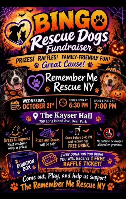 Bingo Rescue Dogs Fundraiser — Wednesday October 21st, doors open 6:30 PM, game starts 7:00 PM at The Kayser Hall, 759 Long Island Ave, Deer Park. Prizes, raffles, family-friendly fun. Every donation brings 1 free raffle ticket.