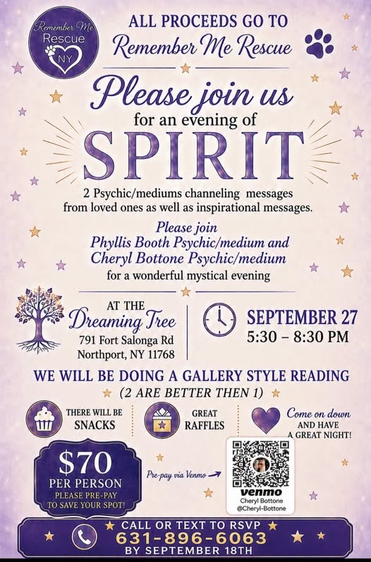 An Evening of Spirit fundraiser flyer — September 27th at The Dreaming Tree, Northport NY. Psychic mediums Phyllis Booth and Cheryl Bottone. $70 per person, RSVP by September 18th.